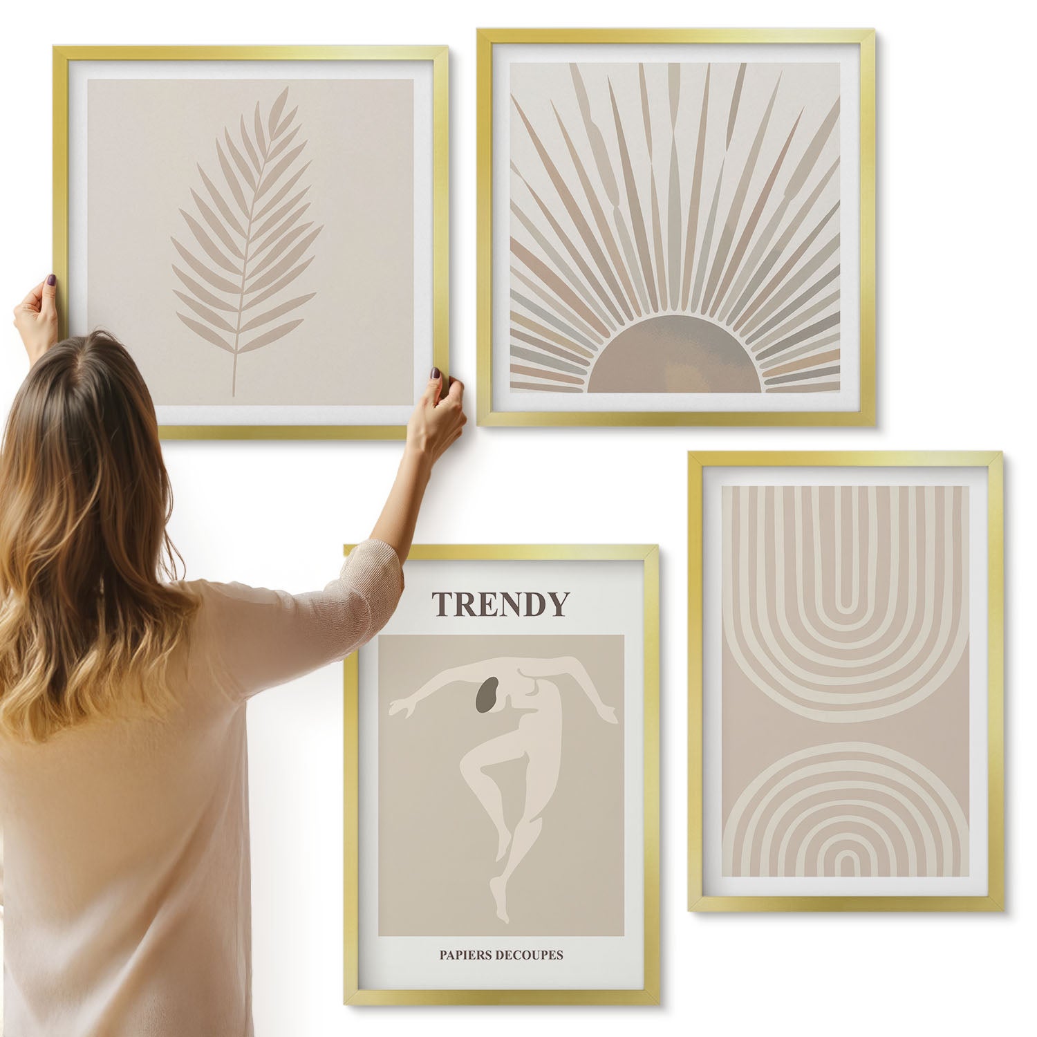 Galeria ścienna 4-częściowy komplet obrazów w złotych ramach - Pastelowe postery modne abstrakcje boho - ArtPrintCave
