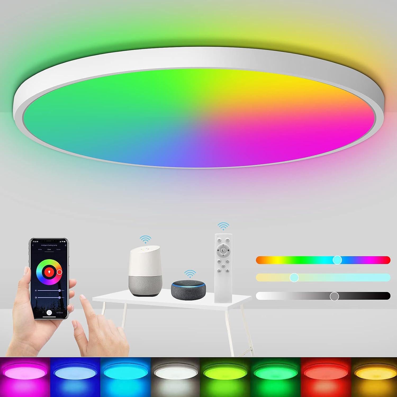 Ineasicer Ściemnialna lampa sufitowa LED RGB, 24 W, 2400 lm, lampa sufitowa LED z pilotem Wi-Fi, 30 cm lampa kuchenna, salon, sypialnia, kompatybilna