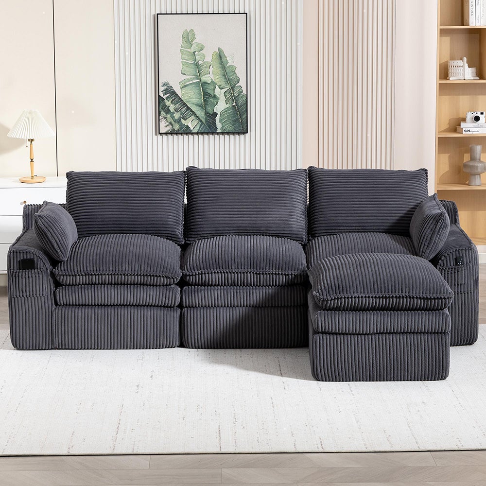 Trzyosobowa sofa (z podnóżkiem), z aksamitu w prążki, z poduszkami i kieszeniami bocznymi, wypełnienie piankowe i sprężynowe, ciemnoszara