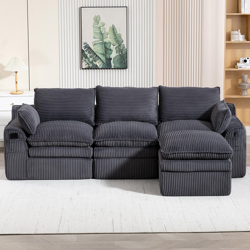 Trzyosobowa sofa (z podnóżkiem), z aksamitu w prążki, z poduszkami i kieszeniami bocznymi, wypełnienie piankowe i sprężynowe, ciemnoszara