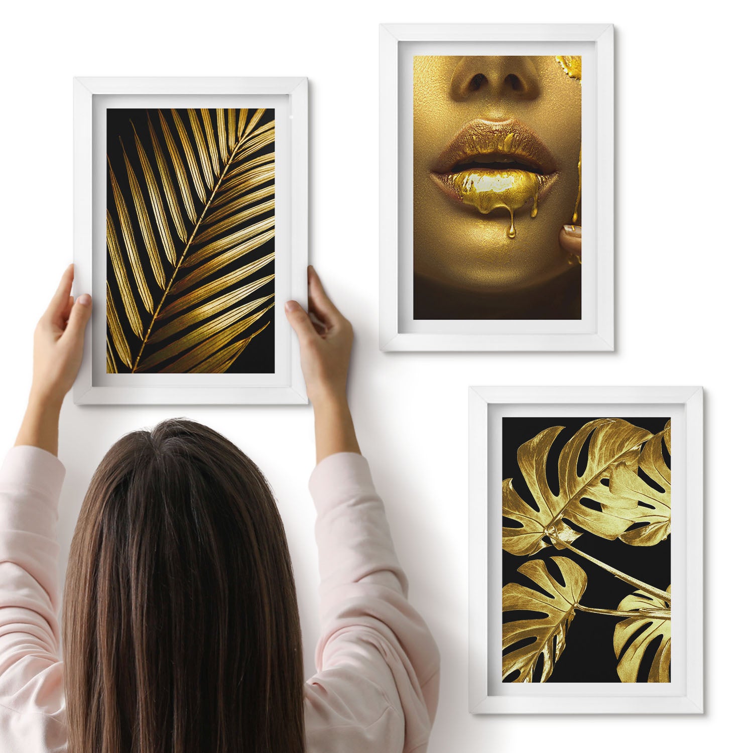 Galeria ścienna 3-częściowy komplet obrazów w białych ramach - Liście palmowe twarz kobiety liście monstery - ArtPrintCave