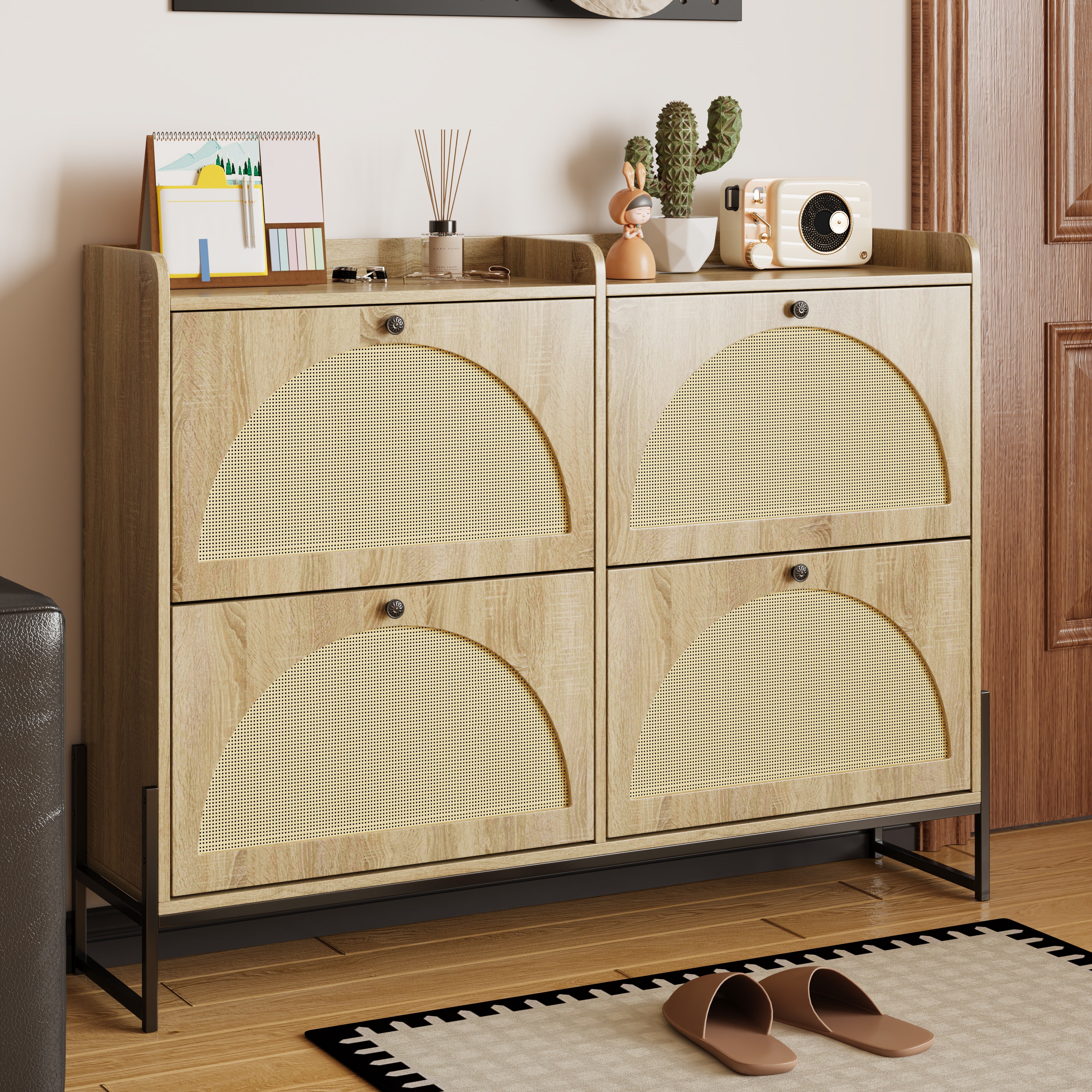 Wąska szafka na buty z 4 drzwiami - 121 x 25 x 91,5 cm - Płyta wiórowa - Naturalna