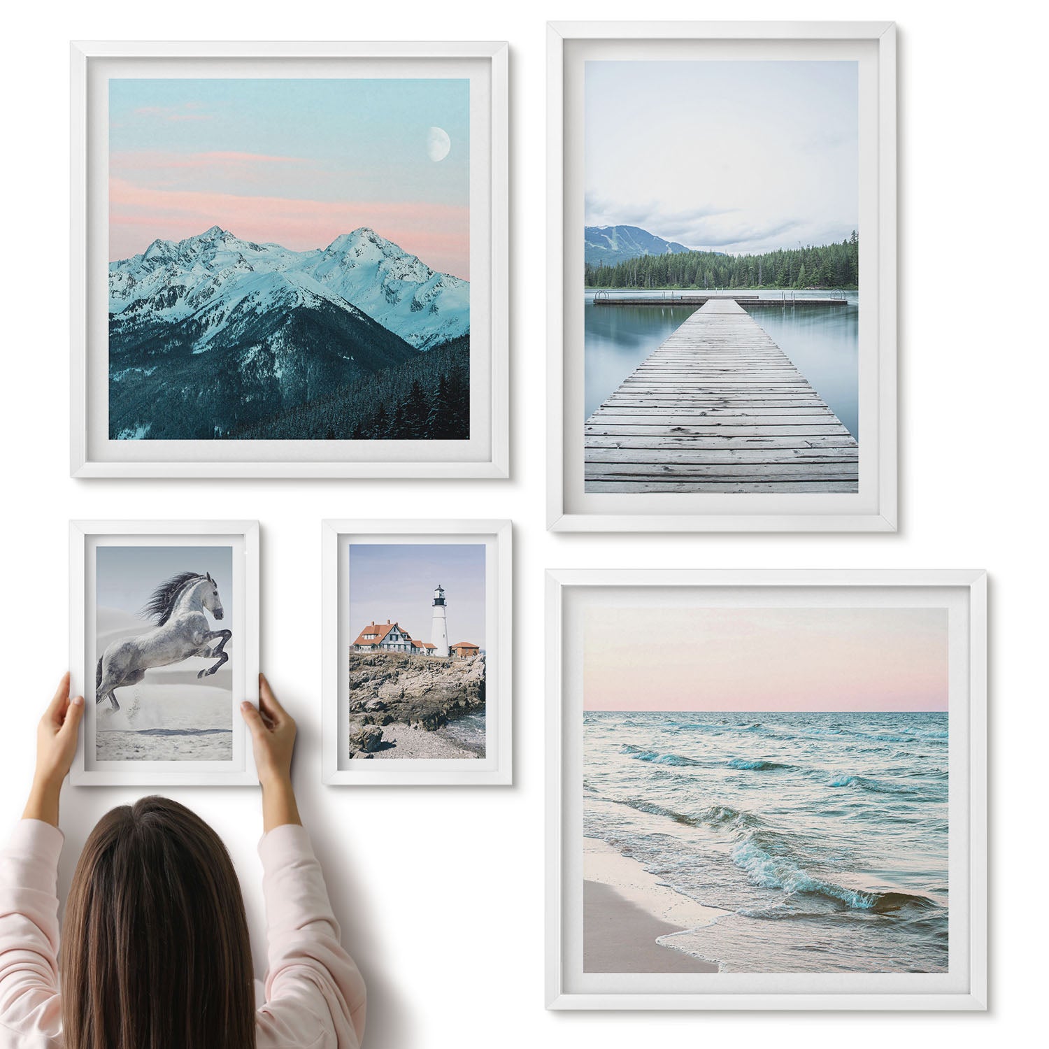 Galeria ścienna 5-częściowy komplet obrazów w białych ramach - Przyroda i krajobrazy w harmonijnym zestawie dekoracji - ArtPrintCave