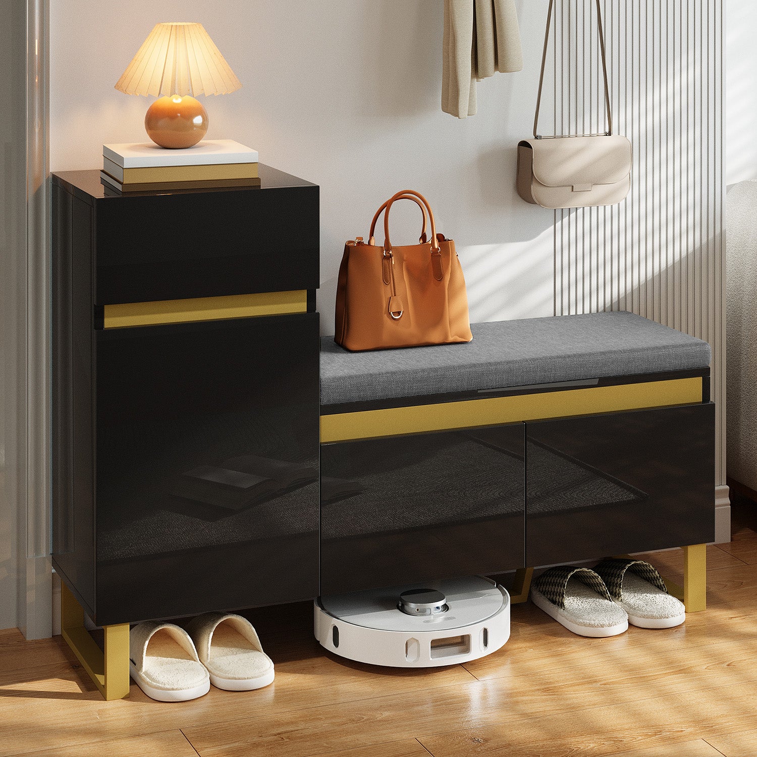 Szafa na buty 120x35x85 cm - 1 szuflada i 3 fronty - z pikowaną ławką na buty - Czarny