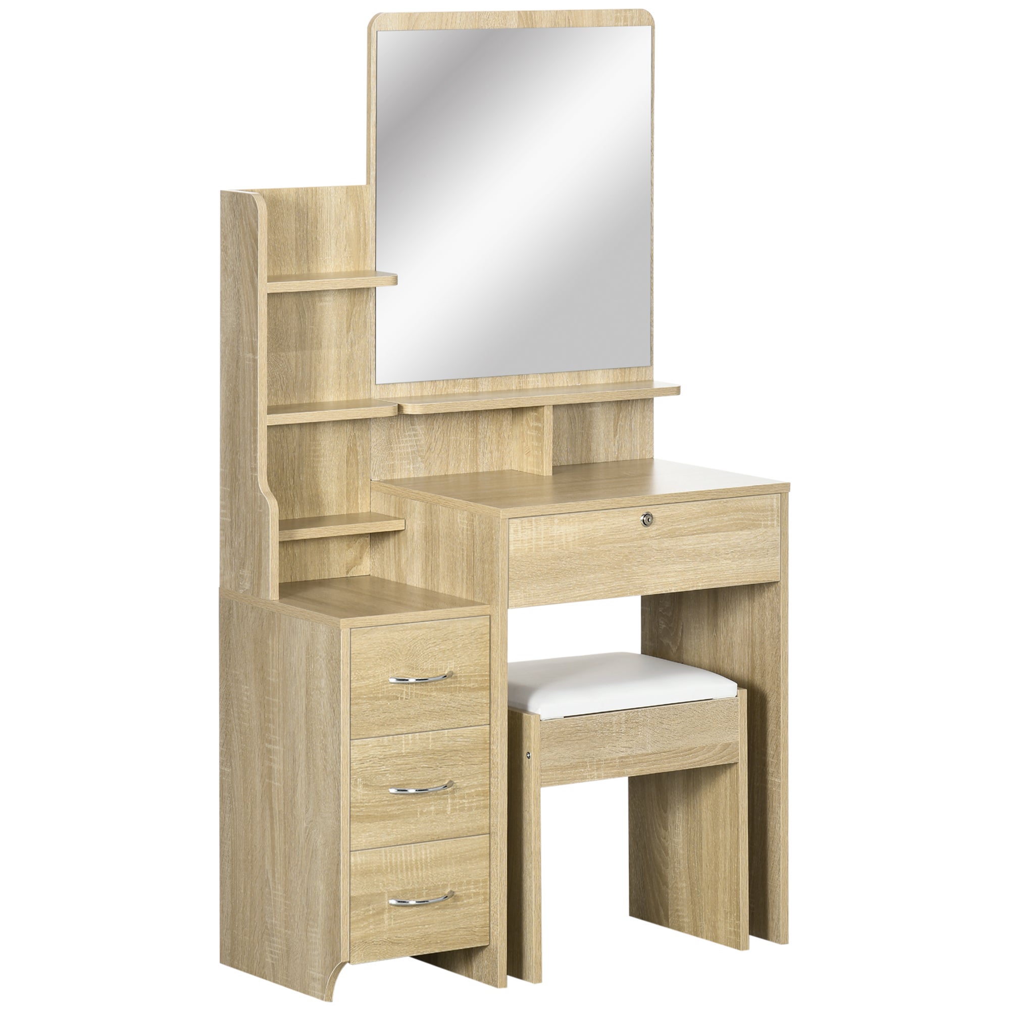 Toaletka z taboretem, lustrem, 4 szuflady, 4 przegródki, styl nowoczesny, 80 x 38 x 143 cm, kolor naturalny