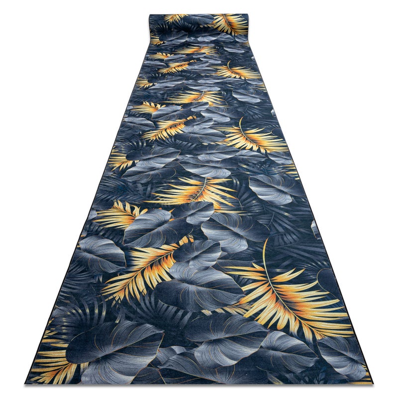 CHODNIK podgumowany DO PRANIA LOTUS FERNS 45270 Liście szary / złoty 80cm 80x890 cm