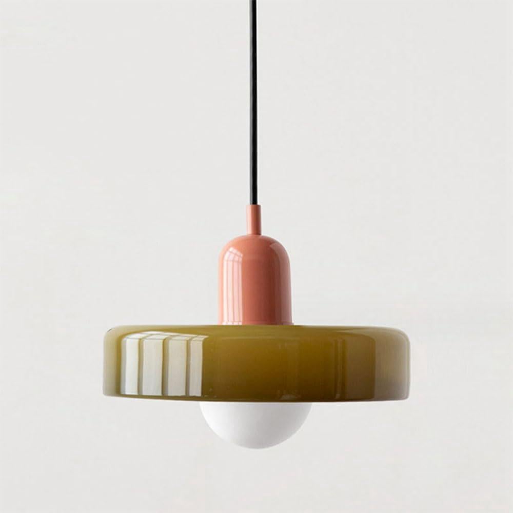 Żyrandol Bauhaus, klosz z witrażu, światło trójkolorowe, szkło zielone 25 cm + różowa podstawa lampy