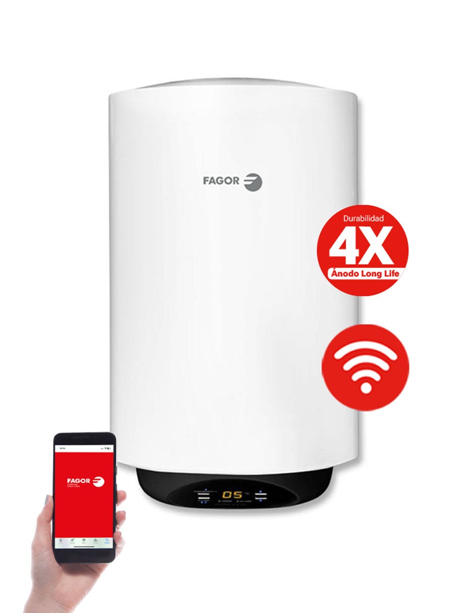 FAGOR 7TEFA0011 Pionowy podgrzewacz wody, 80 litrów | 1500 W, 7TEFA0011, cyfrowy, smukły, Wi-Fi, 80 cm x 45 cm x 45 cm, biały