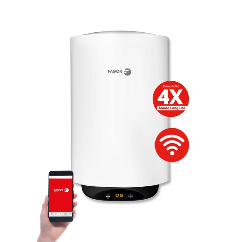 FAGOR 7TEFA0011 Pionowy podgrzewacz wody, 80 litrów | 1500 W, 7TEFA0011, cyfrowy, smukły, Wi-Fi, 80 cm x 45 cm x 45 cm, biały