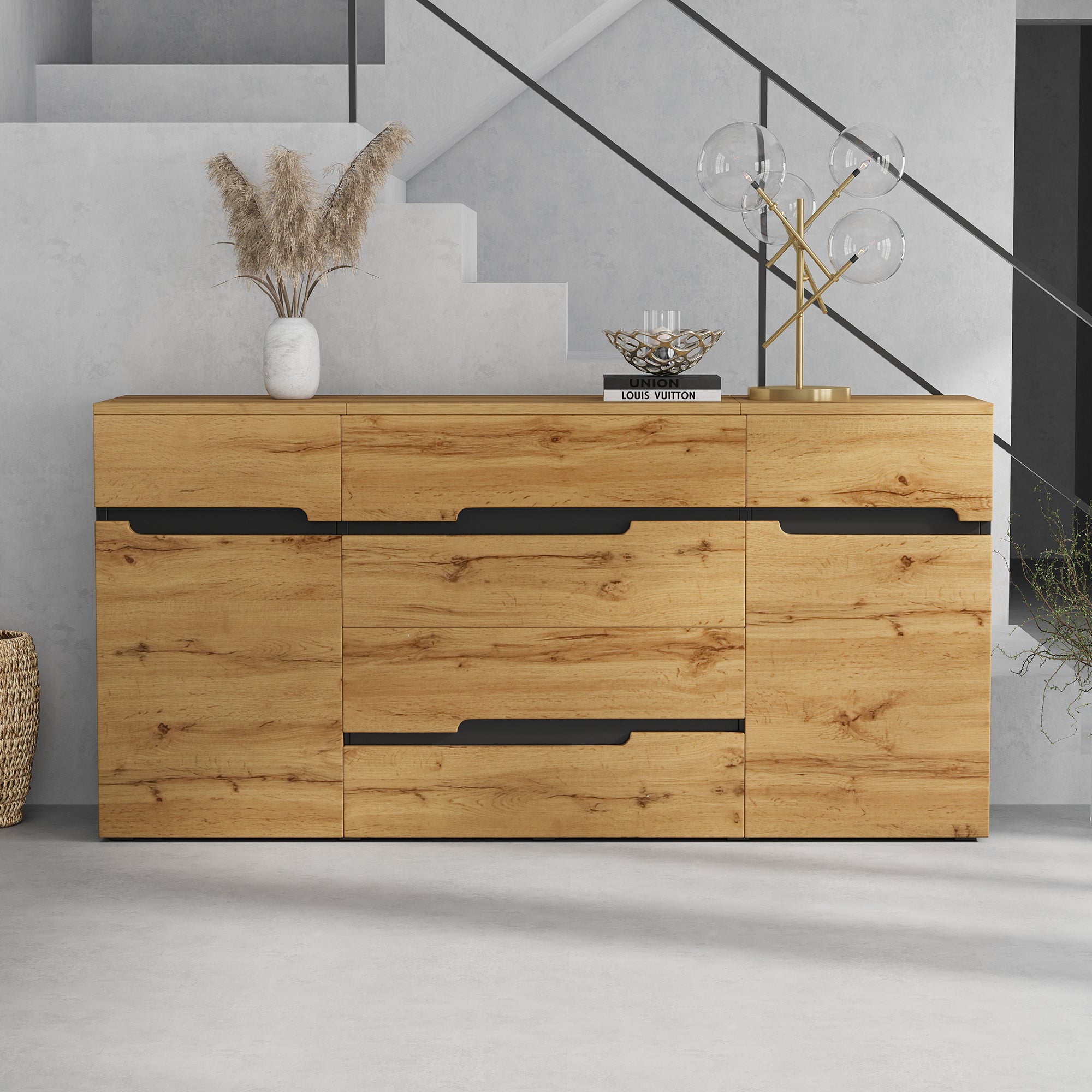 Buffet 160x40x80 cm - z 2 frontami i 4 szufladami - Wykończenie drewno - Płyty wiórowe - Kolor naturalny + Czarny