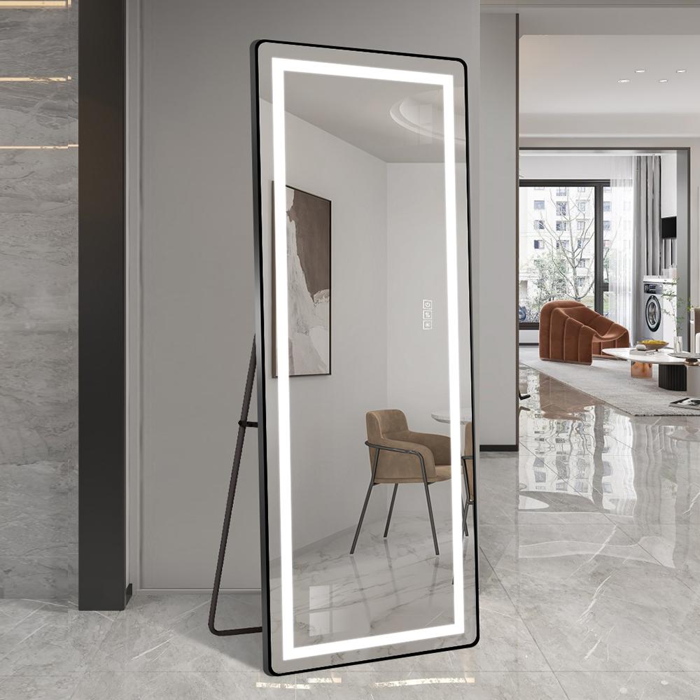 Lustro pionowe 163x54 cm z diodami LED, czarna aluminiowa rama, lustro pełne z możliwością przyciemniania, uchwyt ścienny i wspornik