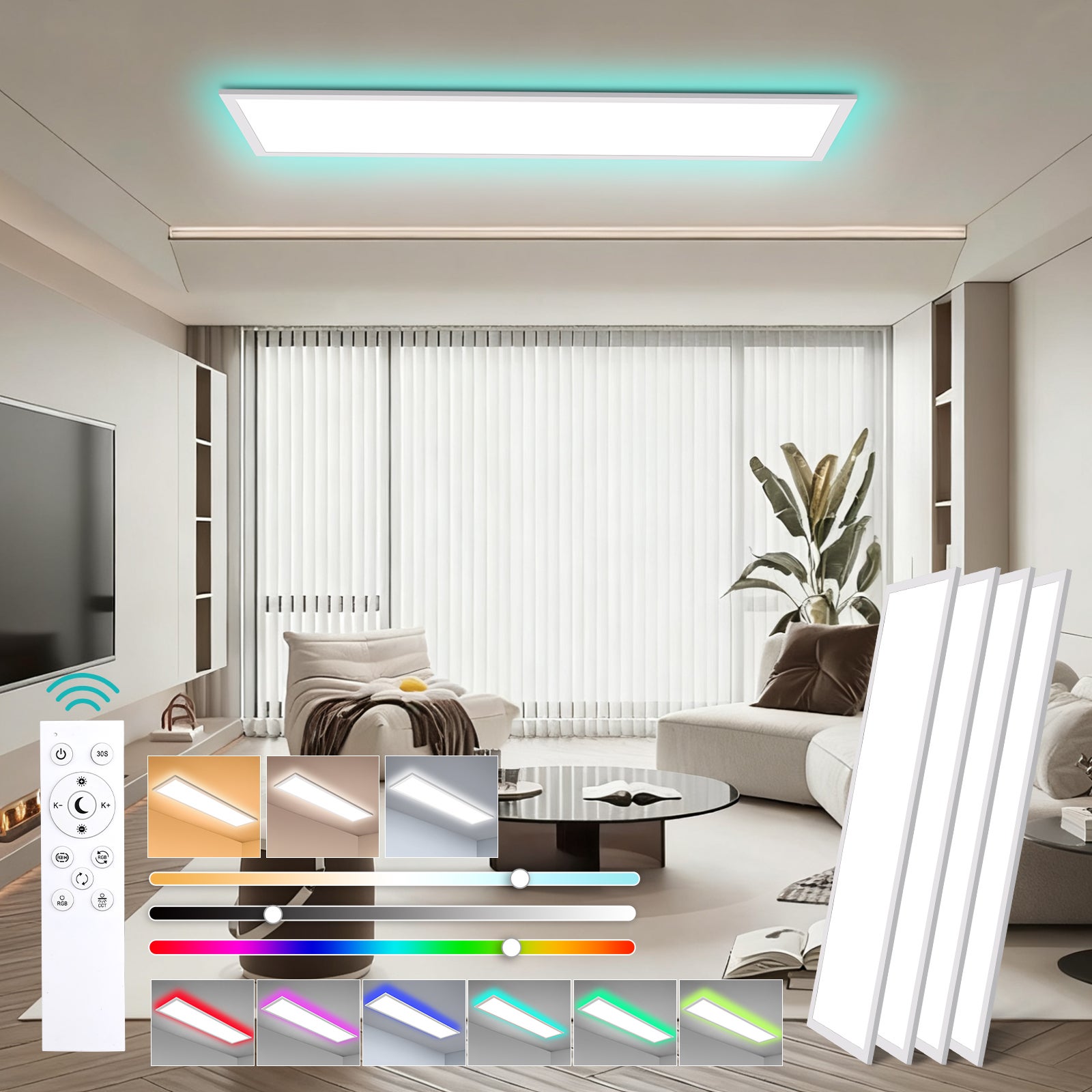 LOVHAUS 4PCS Lampa Sufitowa LED 30W Biała 100x25 cm, Panel LED Sufitowy Prostokątny Ściemniający RGB do Salonu, Biura, Kuchni Wewnętrznej z Pilotem