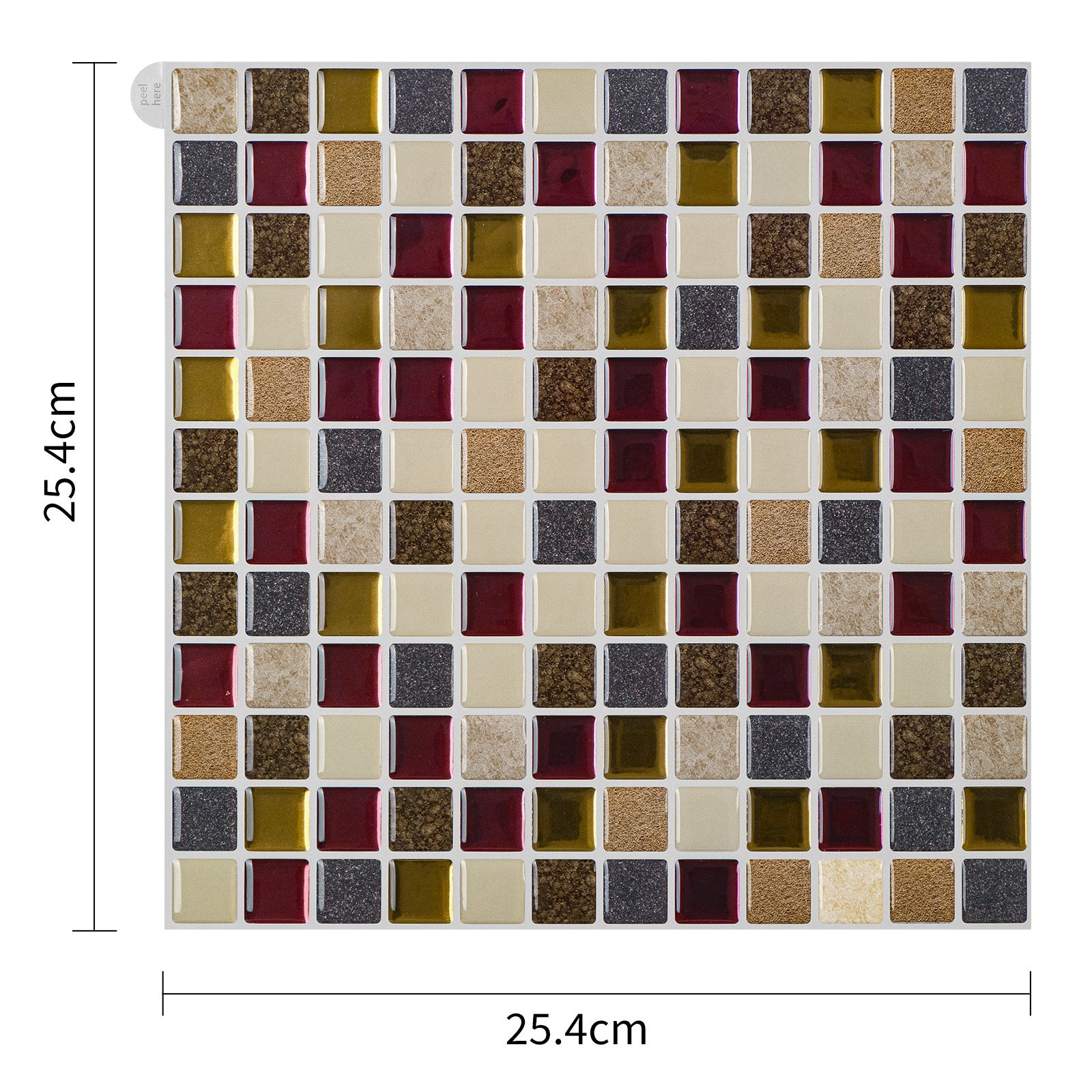 Zestaw 10 arkuszy naklejek ściennych 3D z winylu do odklejania i przyklejania na ścianę w kuchni lub łazience, 25,5 x 25,5 cm, kolor bordowy i złoty