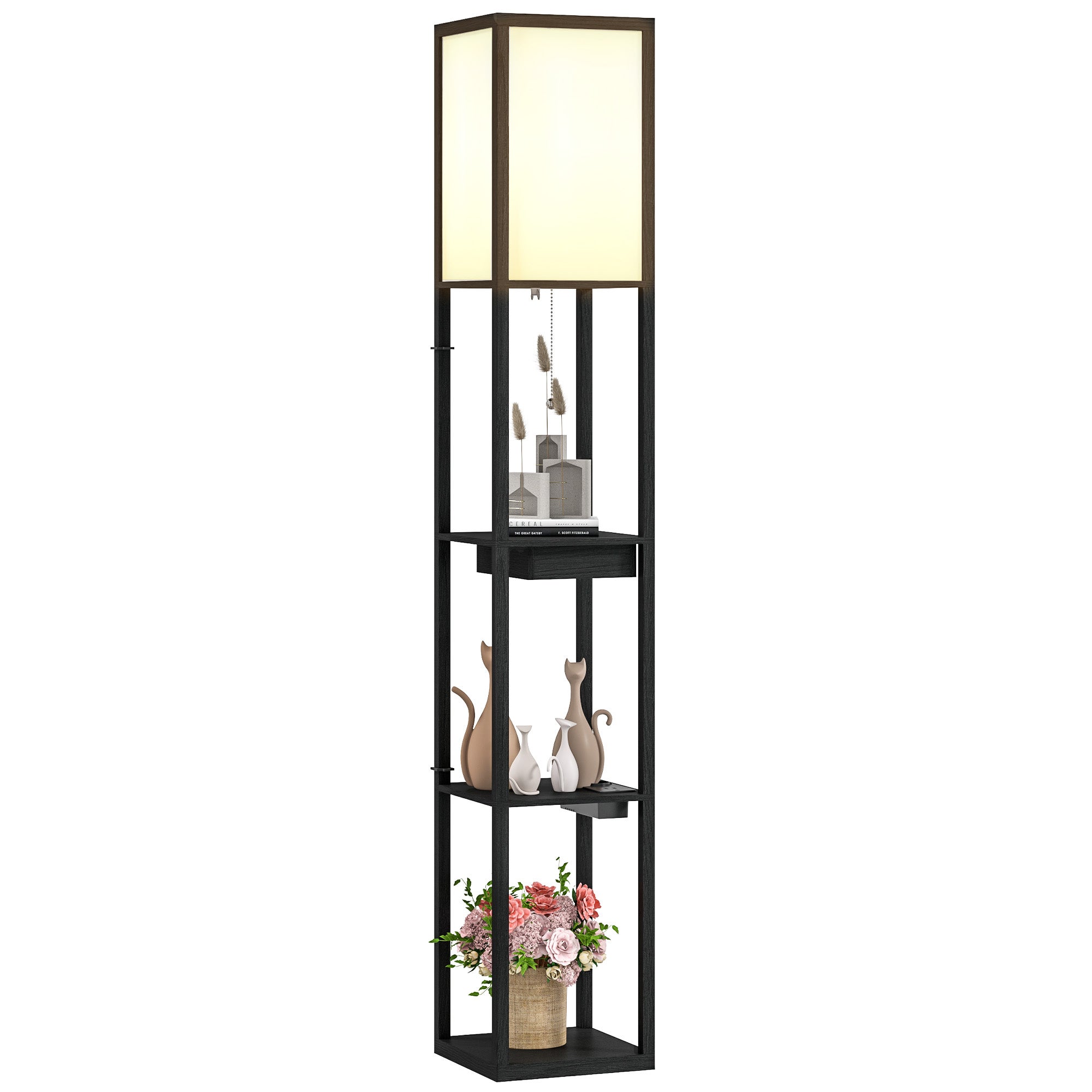 Lampa podłogowa z 3-poziomową półką, włącznikiem nożnym, portami USB, MDF, czarna