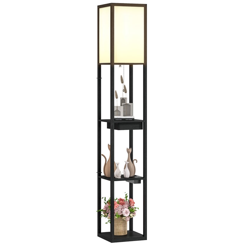 Lampa podłogowa z 3-poziomową półką, włącznikiem nożnym, portami USB, MDF, czarna