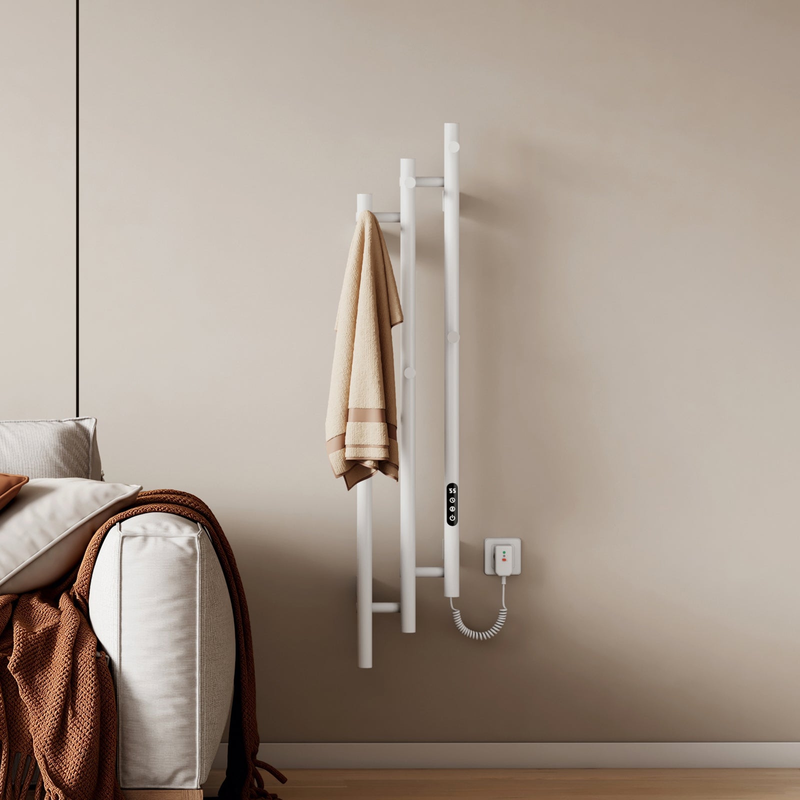 EMKE Pionowy Elektryczny Grzejnik Łazienkowy Wi-Fi - 115 x 22 cm, 220 W, 6 Trybów, IP45, błyszczący biały