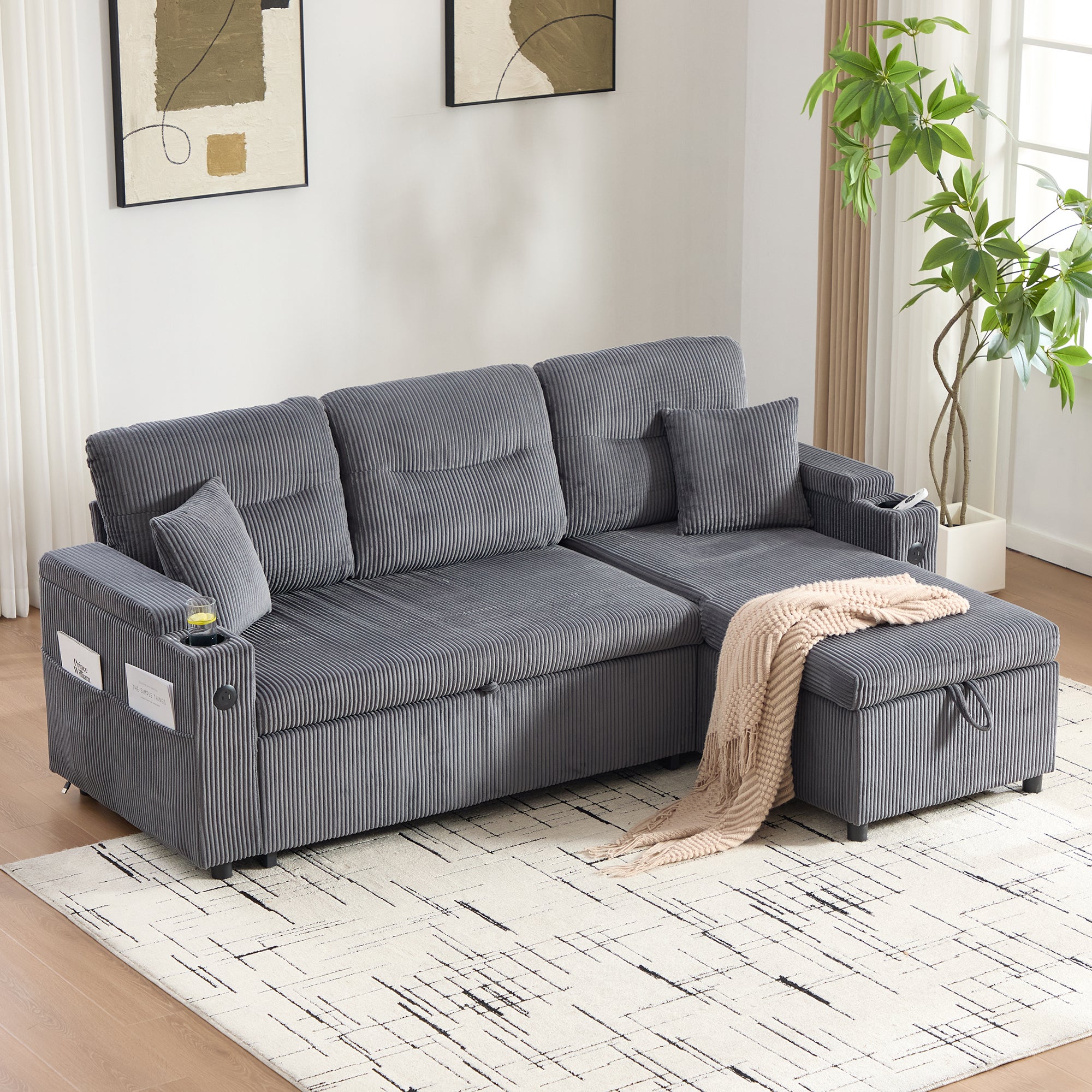 Sztruksowa sofa 3-osobowa, z pojemnikiem i wysuwanym łóżkiem, porty USB-C i uchwyty na kubki do salonu