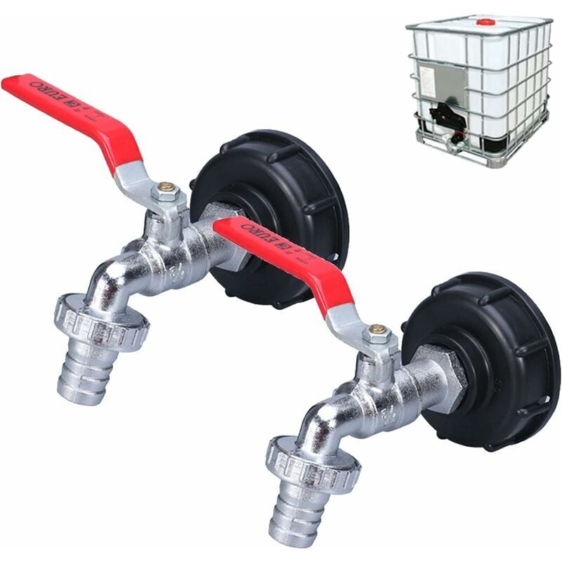 Kran do zbiornika na wodę 1000L, 2 sztuki, adapter do zbiornika na wodę IBC 1/2 cala, podwójny kran mosiężny z PP z gwintem grubym 60MM (1/2)