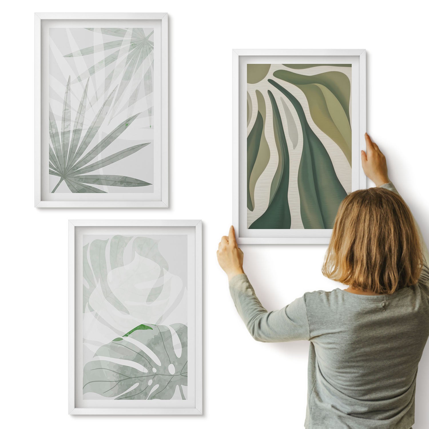 Galeria ścienna 3-częściowy komplet obrazów w białych ramach - Liście roślin w odcieniach zieleni i szarości - ArtPrintCave