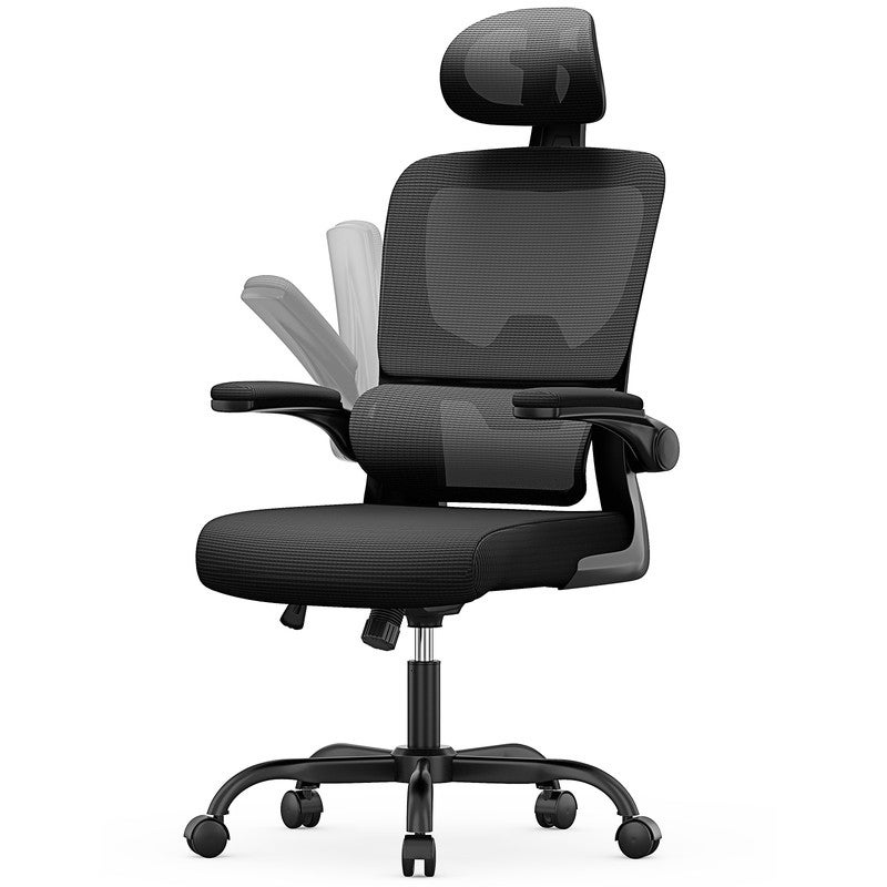 Ergonomiczny fotel biurowy - Fotel - z podłokietnikiem składanym pod kątem 90° - Podparcie lędźwiowe - Regulowana wysokość Czarny