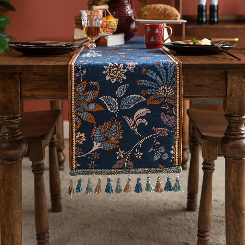 Luksusowe, kolorowe obrusy w stylu vintage, żakardowe obrusy haftowane z frędzlami, eleganckie obrusy dekoracyjne. 35*260cm