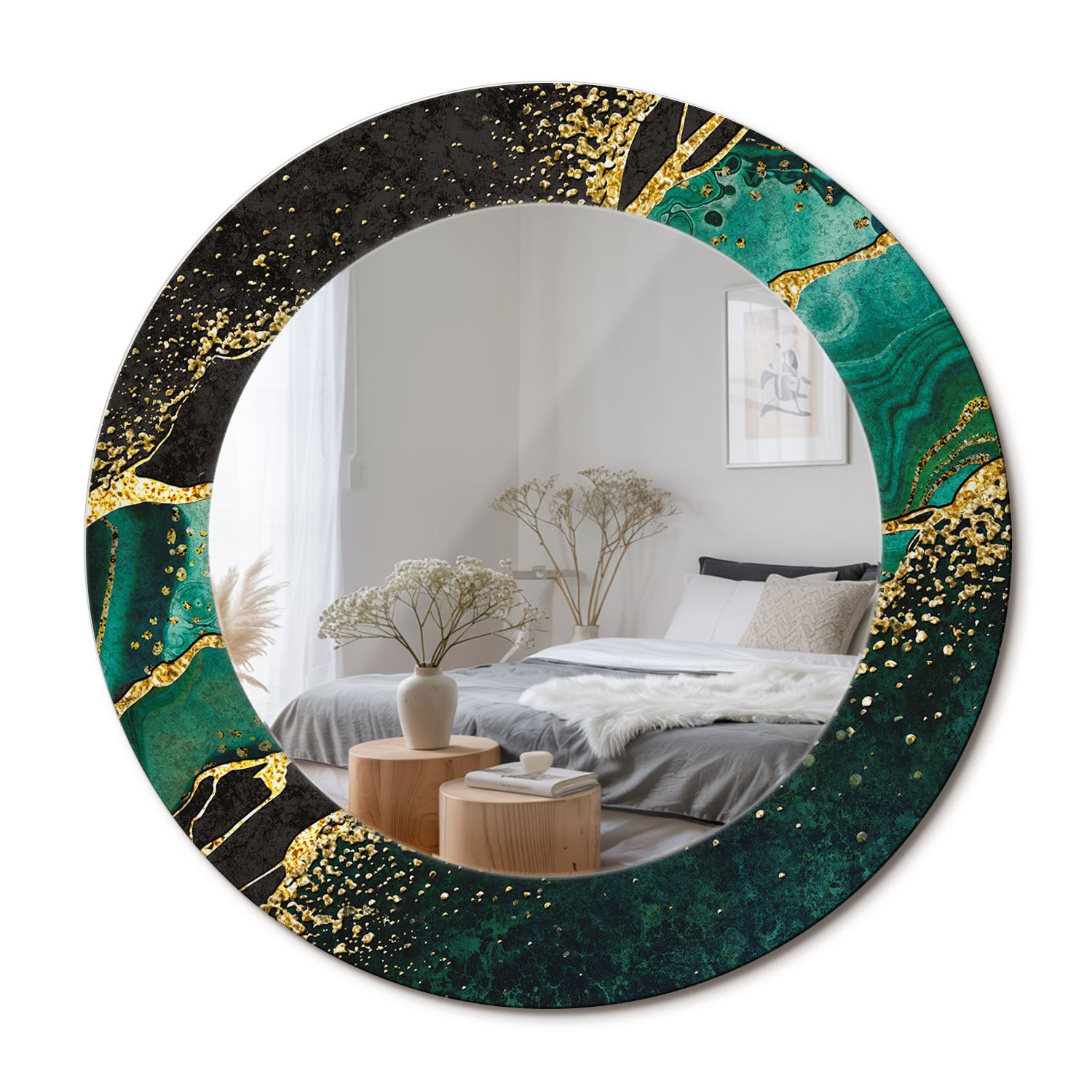 Lustro ścienne z ozdobną ramą szklaną i nowoczesnym wzorem Marmurowa zieleń - 50 cm - ArtPrintCave
