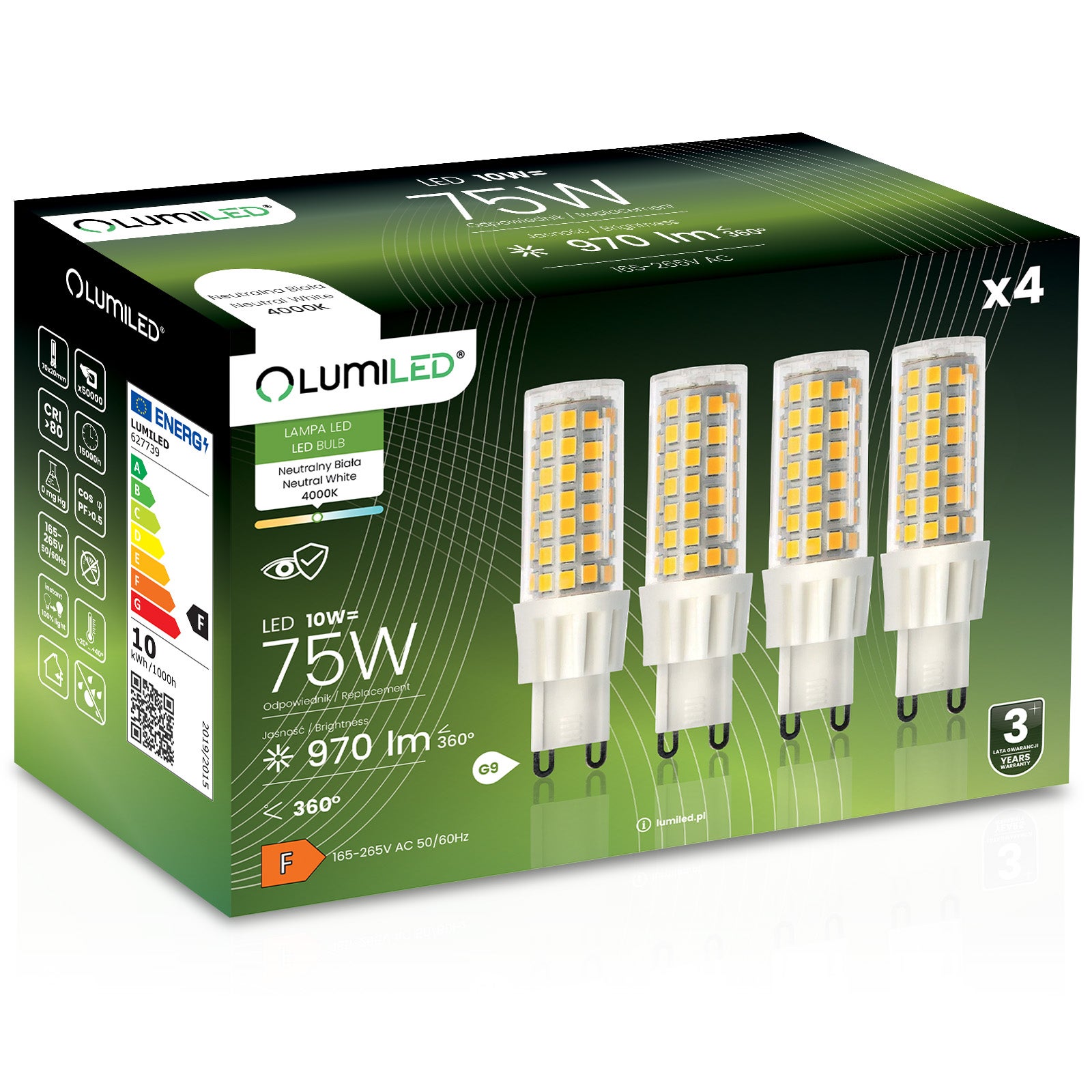 4x Żarówka Lumiled LED G9 Kapsułka 10W = 75W 970lm 4000K Neutralna 360st