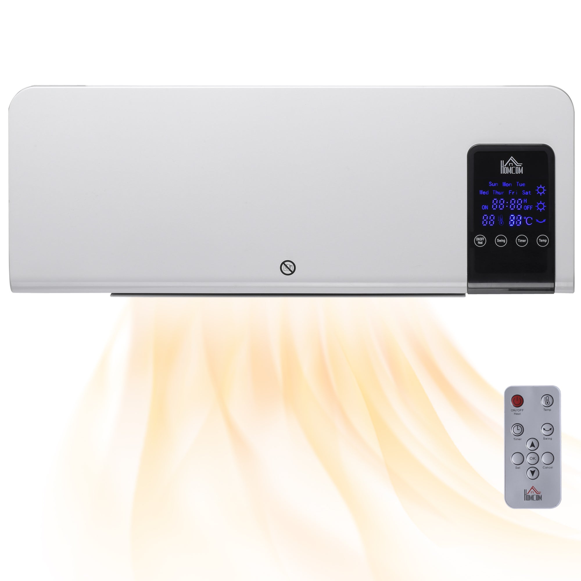 Grzejnik ścienny elektryczny 1000W/2000W z wyświetlaczem LED i pilotem, 54,5 x 12 x 21,5 cm, biały