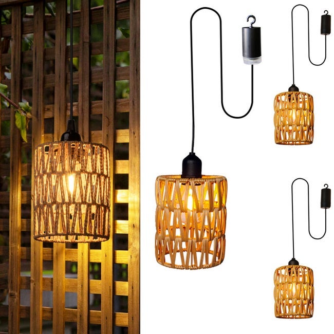 Zestaw 3 lamp wiszących zasilanych bateriami, kinkiet z plecionego bambusa, lampa rattanowa z ciepłą białą żarówką, latarnia ogrodowa.