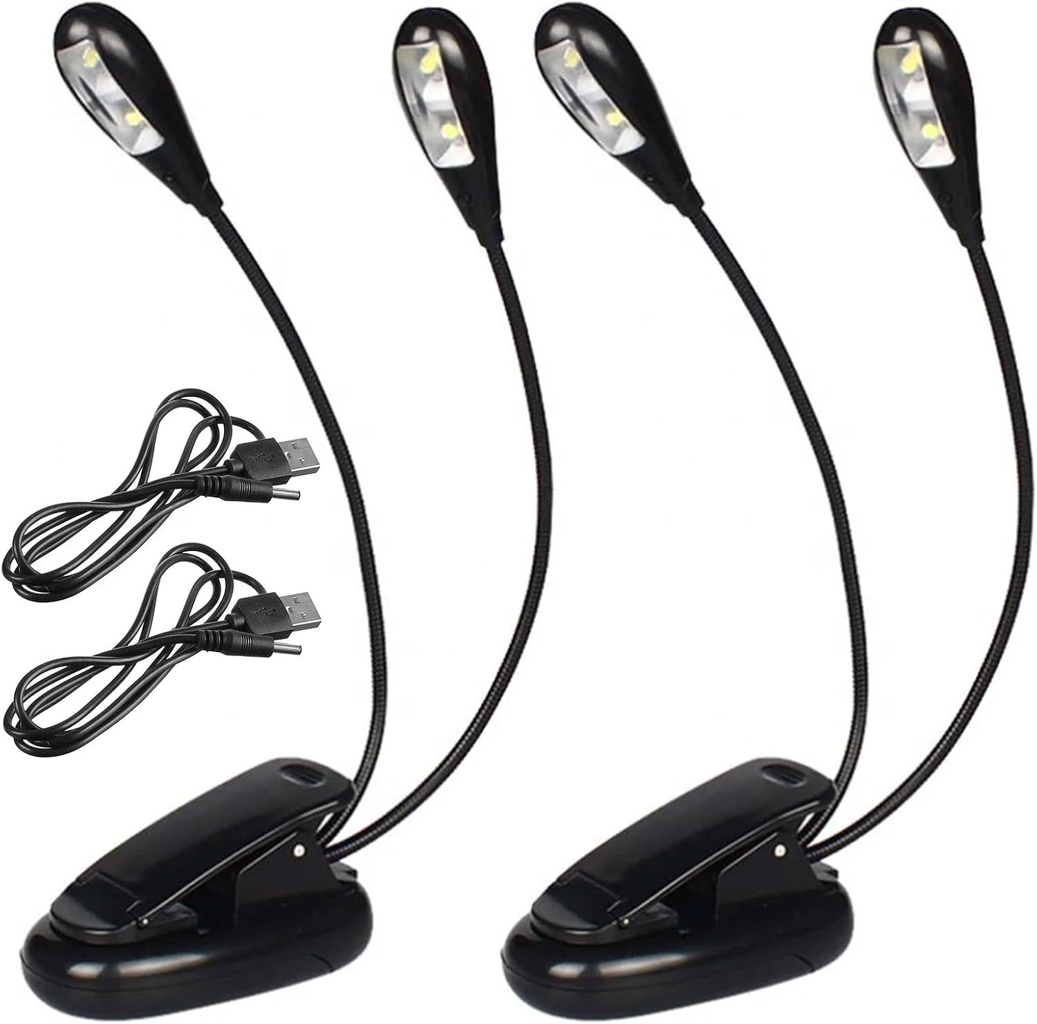 Lampka na pulpit nutowy, regulowana, dwugłowicowa, z klipsem, 2-częściowa, akumulatorowa, 4 diody LED z kablem USB, odpowiednia do pianina, biurka,