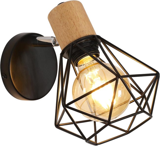 Kinkiet w stylu vintage industrial, obrotowy o 350°, drewno i czarny metal, E27 (maks. 60 W) – dekoracyjne oświetlenie do sypialni, przedpokoju lub s
