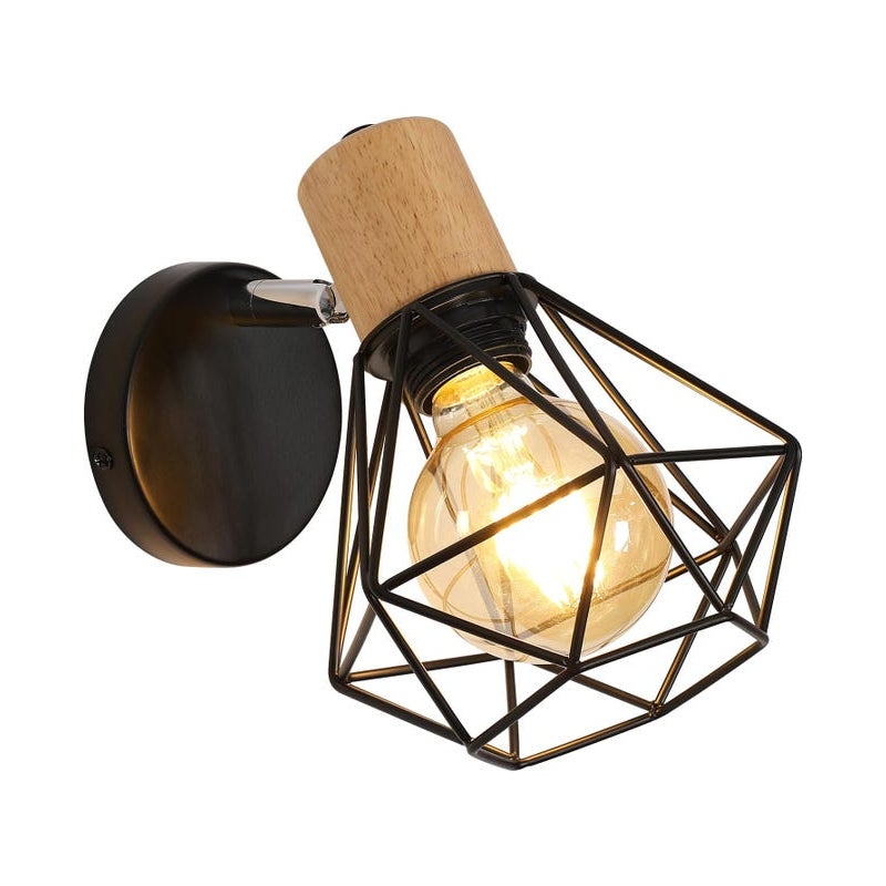 Kinkiet w stylu vintage industrial, obrotowy o 350°, drewno i czarny metal, E27 (maks. 60 W) – dekoracyjne oświetlenie do sypialni, przedpokoju lub s