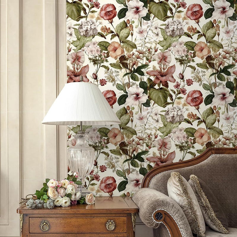 Tapeta w kwiaty vintage – Tapeta dekoracyjna – Tapeta winylowa samoprzylepna (43 x 300 cm) – Dekoracja ścienna