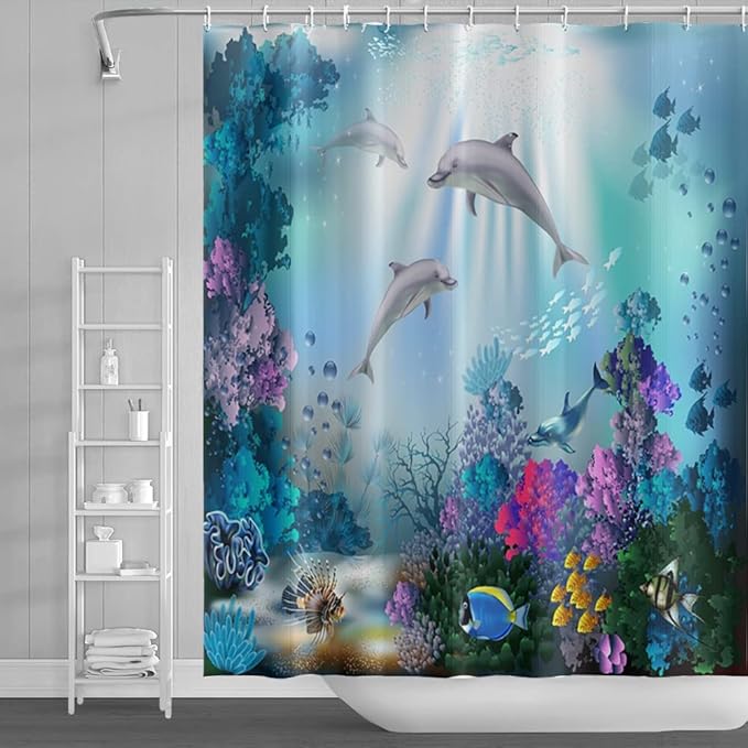 Ocean Delfin Zasłona Prysznicowa Promień Słońca Tropikalna Podwodna Kąpiel Świat Morza Zwierzęta Zasłona Łazienkowa do Łazienki 120x180cm