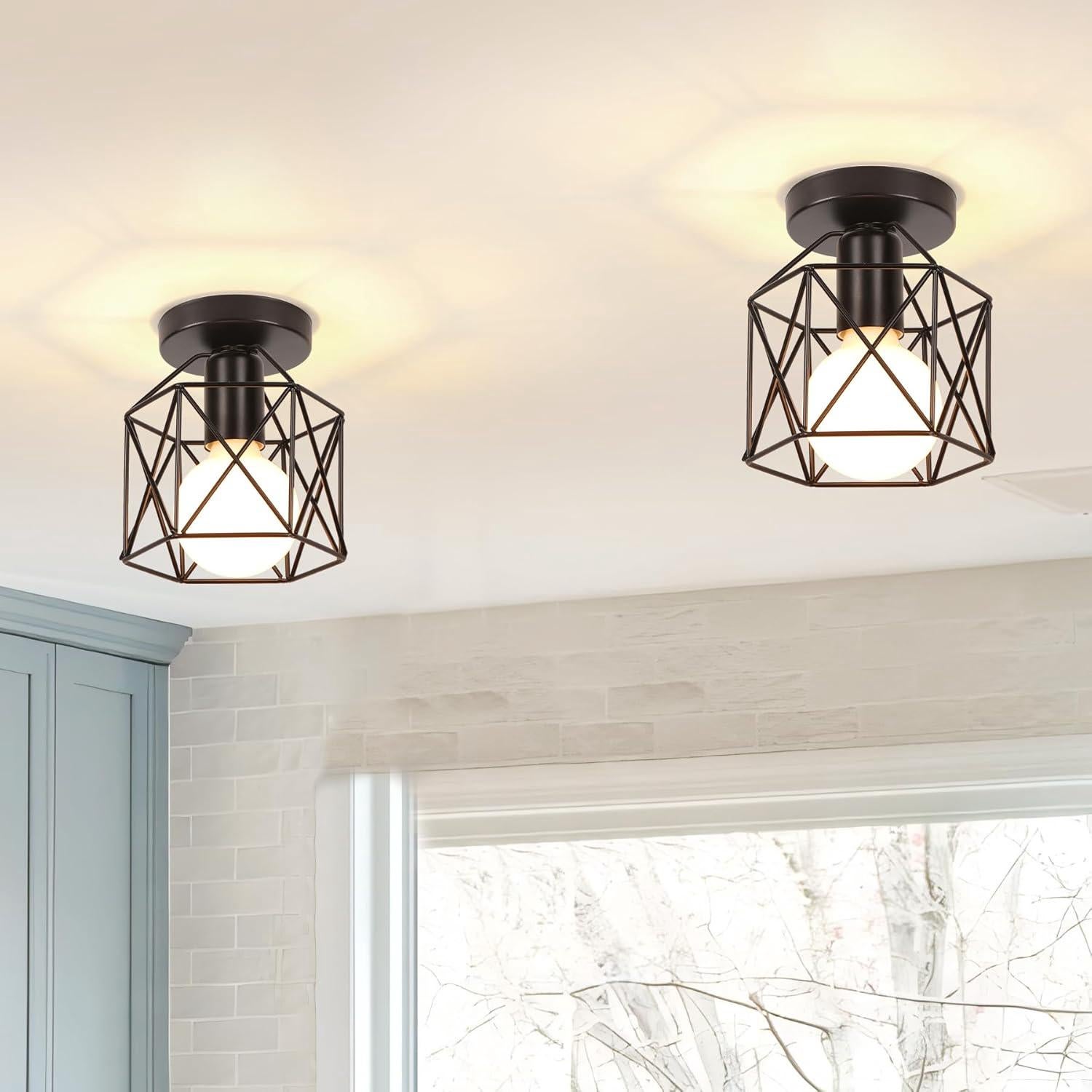 Zestaw 2 kwadratowych lamp sufitowych w stylu industrialnym z metalową klatką, 16 cm żyrandol, klosz z żelaza, oprawa oświetleniowa E27, czarna, do sa