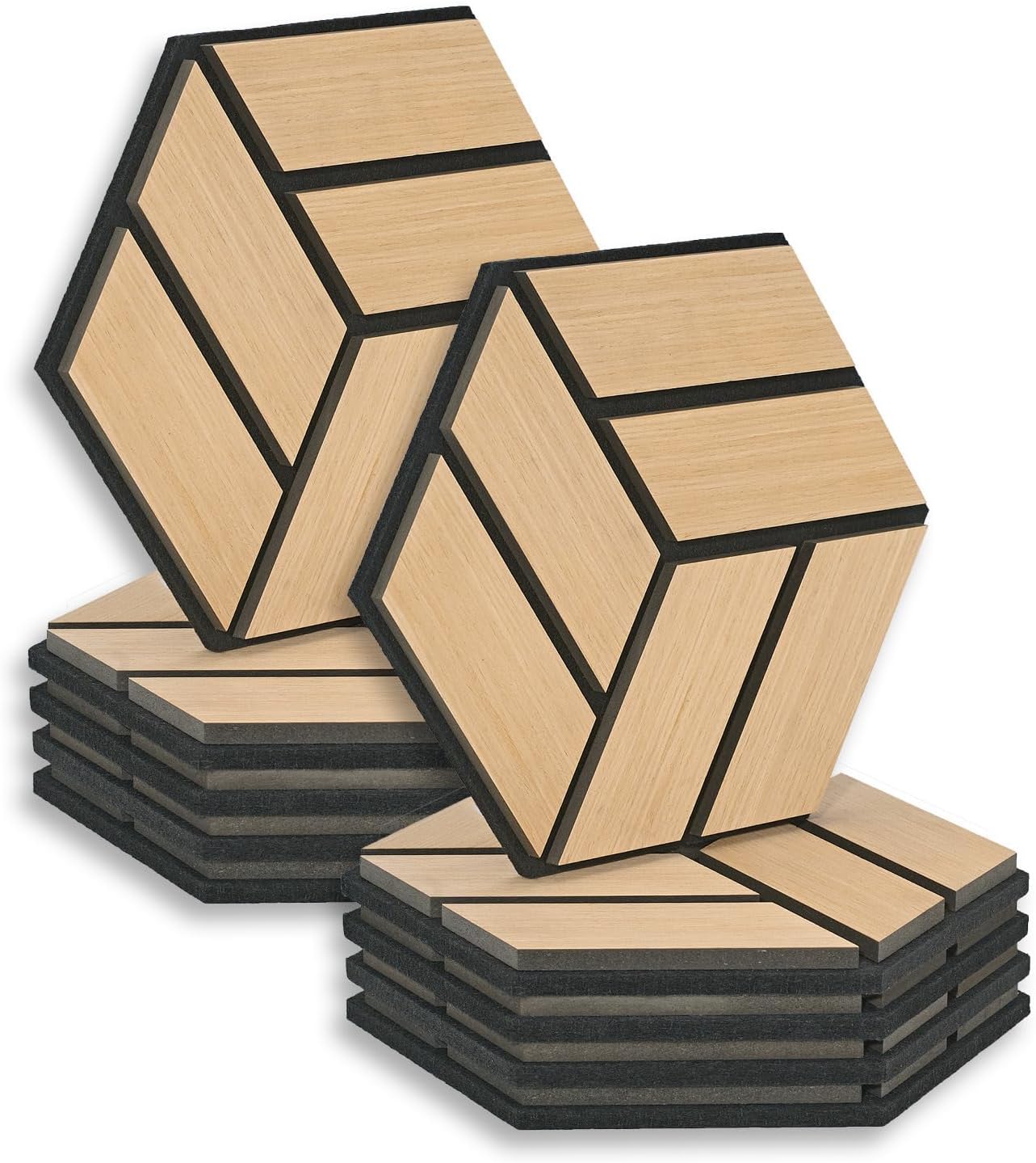 Zestaw 10 paneli akustycznych sześciokątnych - 30 x 26 x 2 cm - Naturalne - Akustyka - Wyciszenie - Dekoracja ścienna