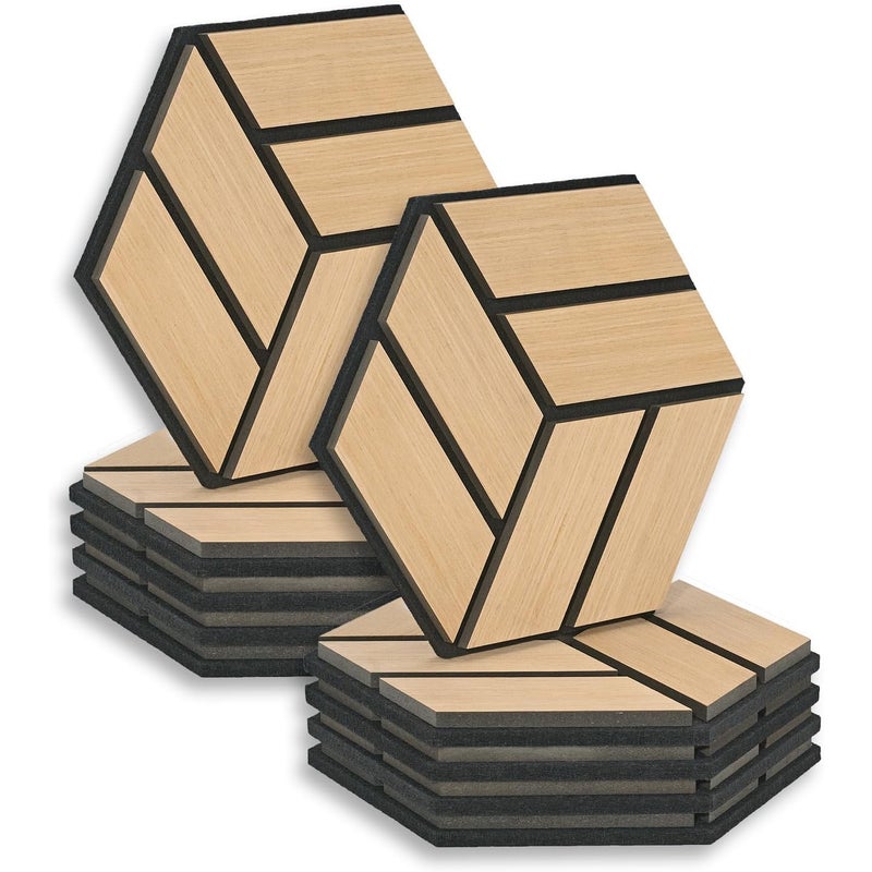 Zestaw 10 paneli akustycznych sześciokątnych - 30 x 26 x 2 cm - Naturalne - Akustyka - Wyciszenie - Dekoracja ścienna
