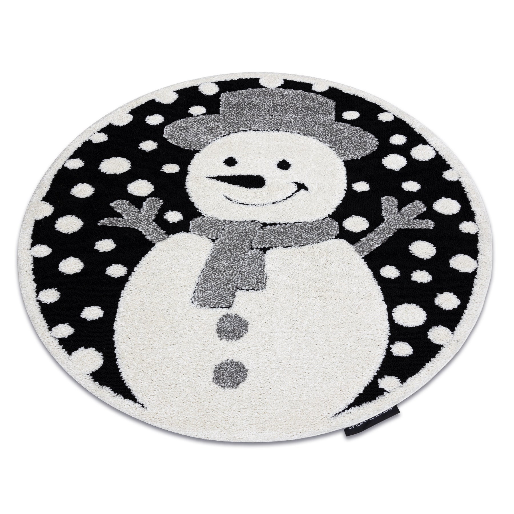Dywan dziecięcy JOY Koło Snowman bałwanek, dla dzieci - Strukturalny, dwa poziomy runa czarny / krem koło 160 cm