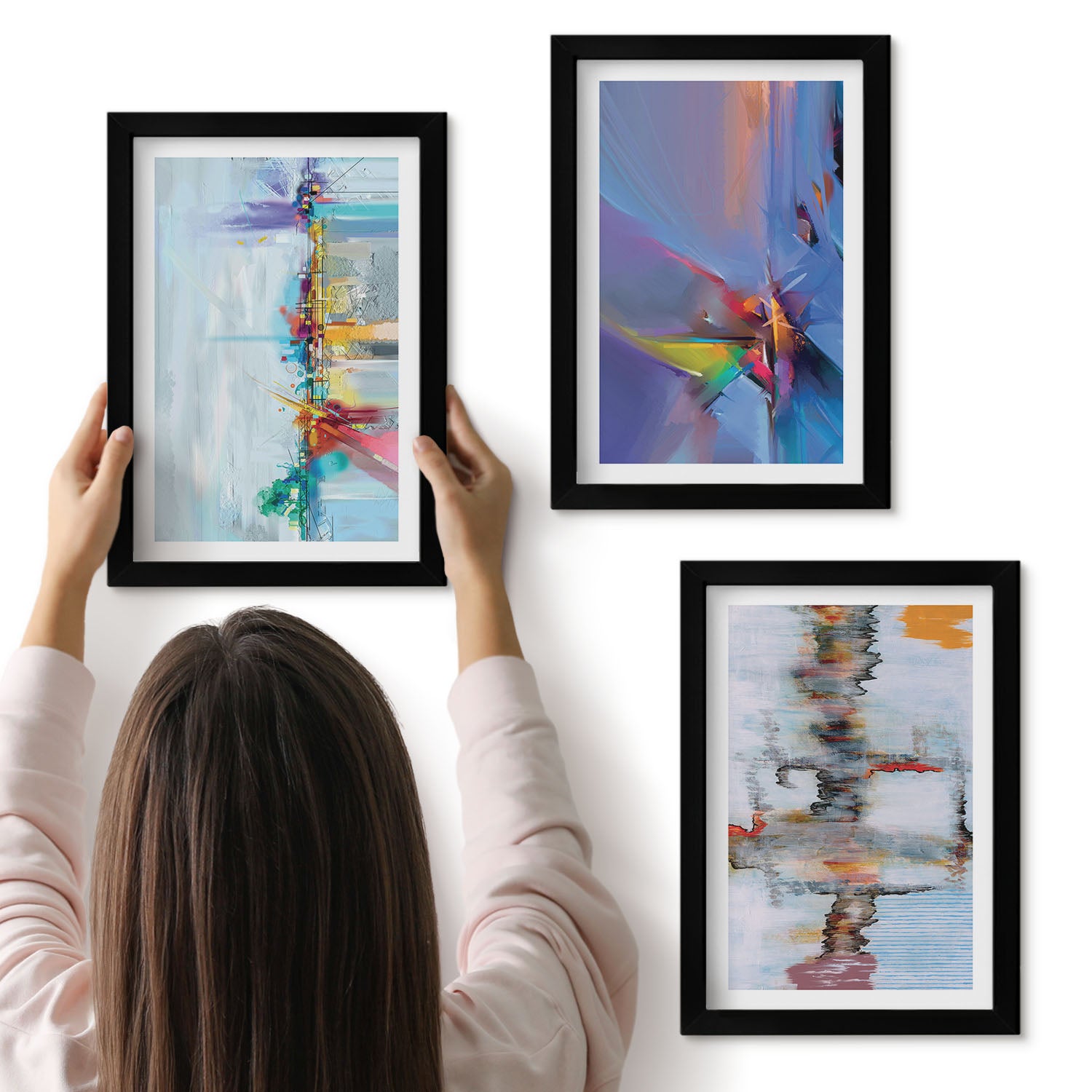 Galeria ścienna 3-częściowy komplet obrazów w czarnych ramach - Abstrakcyjne kompozycje styl malarski - ArtPrintCave