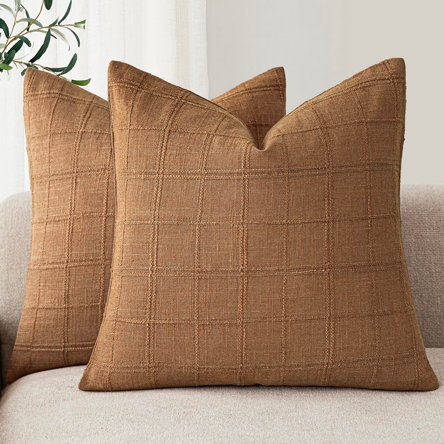 Zestaw 2 Poszewek na Poduszki w Kratę Jesień 60x60 cm, Styl Farmy Boho Retro do Sofy i Pokoju (Bez wypełnienia)