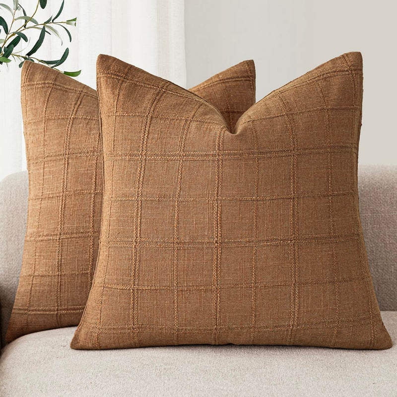 Zestaw 2 Poszewek na Poduszki w Kratę Jesień 60x60 cm, Styl Farmy Boho Retro do Sofy i Pokoju (Bez wypełnienia)
