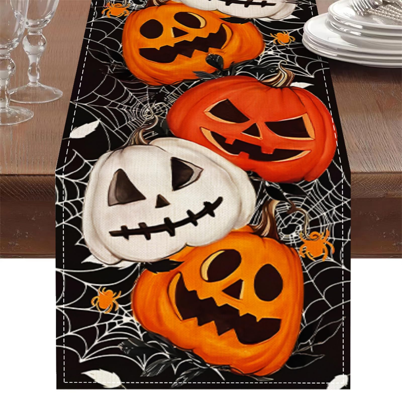 Bieżnik na stół z motywem dyni na Halloween, pomarańczowa dekoracja do kuchni i jadalni, 33 x 183 cm