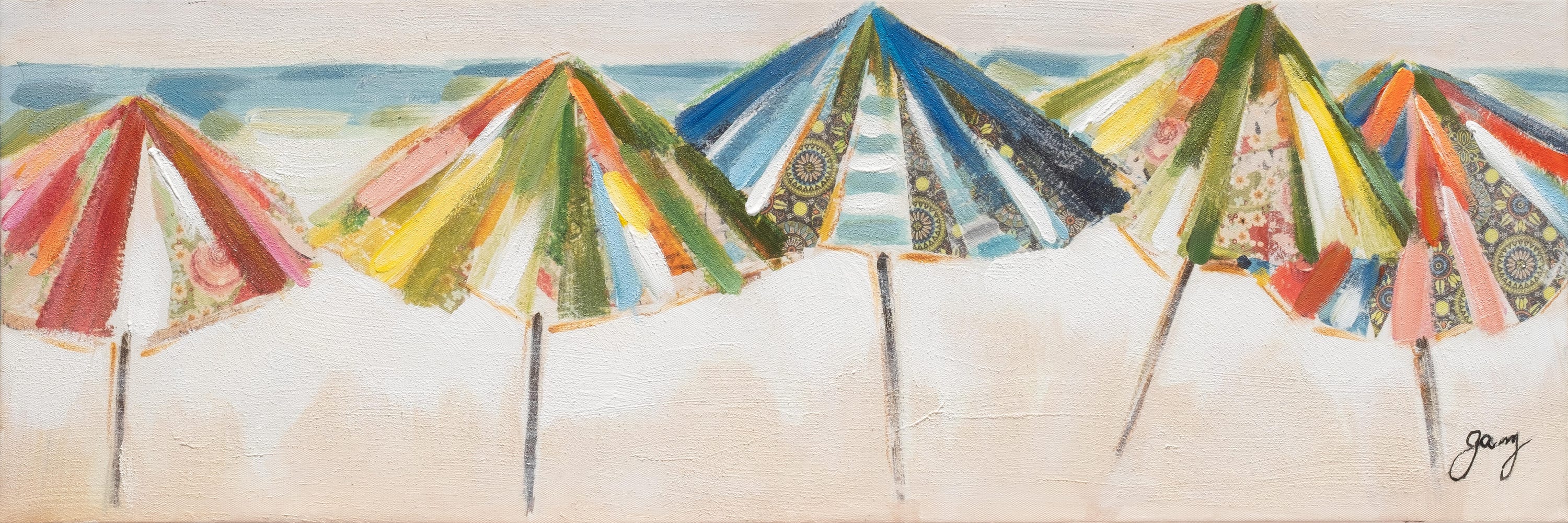 Obraz bez ramy Morze prostokątny 90 x 30 cm. Płótno Wielokolorowe parasole