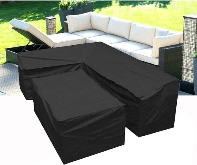 Pokrowiec na meble ogrodowe w kształcie litery L ze ściągaczem u dołu, 210 D (kształt litery L 215x215x87cm + prostokątny 155x95x68cm)