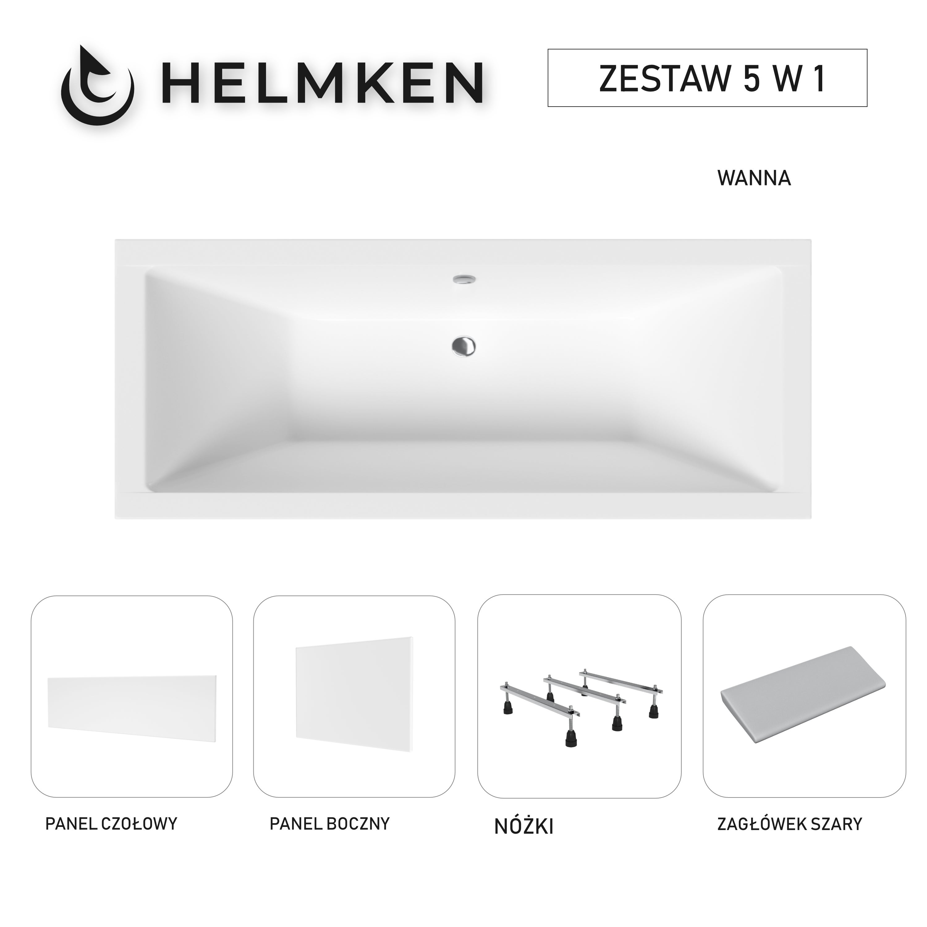 Wanna akrylowa Helmken Alvaro 175 x 80 + Panel czołowy i boczny Biały + Zagłówek szary + Nóżki / 23096004ZW
