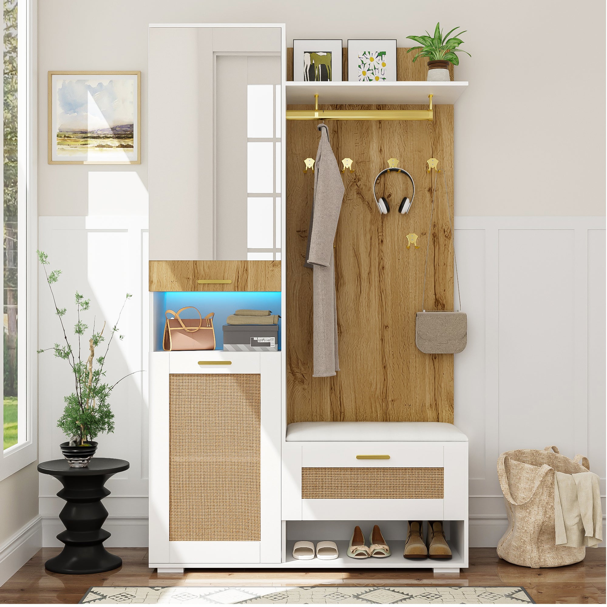 Szafa garderobiana 110 x 38 x 190 cm, z oświetleniem LED, z regulowanymi półkami, biały, drewno, MDF oraz rattan