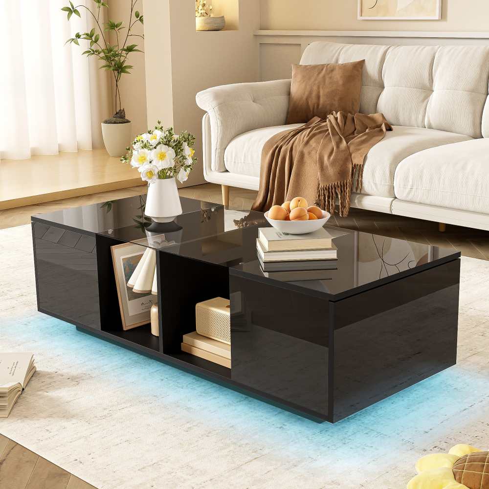 Nowoczesny stolik kawowy LED z błyszczącym lakierem i szklanym blatem, 120x50x38,5 cm, praktyczny schowek i elegancki design