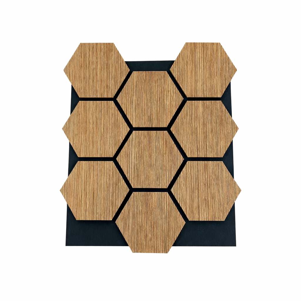 Dekoracyjny panel z płyty MDF z sześciokątnym wzorem i filcem PET, zestaw 12 sztuk, 62x76 cm, dźwiękochłonna okładzina ścienna, dąb