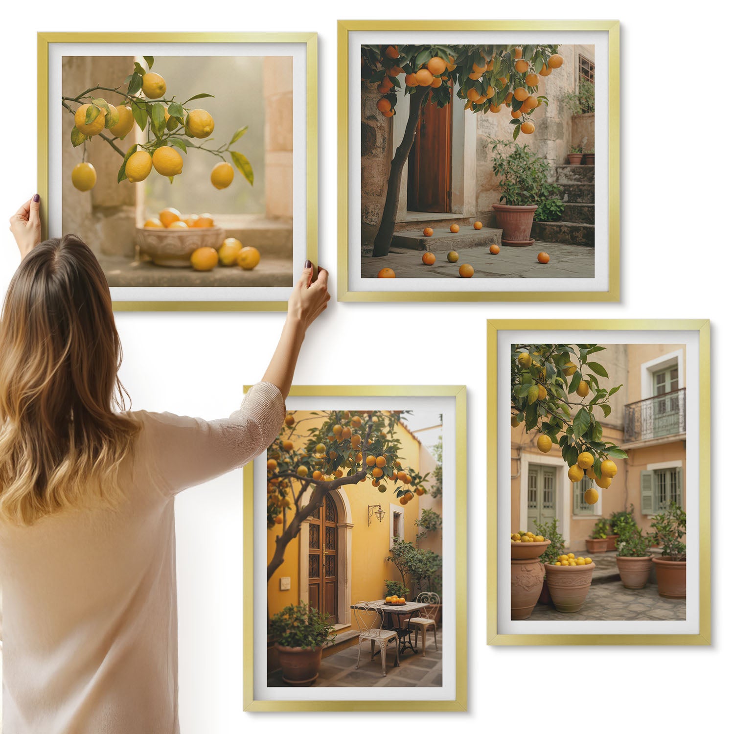 Galeria ścienna 4-częściowy komplet obrazów w złotych ramach - Ogród z drzewami cytrusowymi w słonecznym otoczeniu - ArtPrintCave