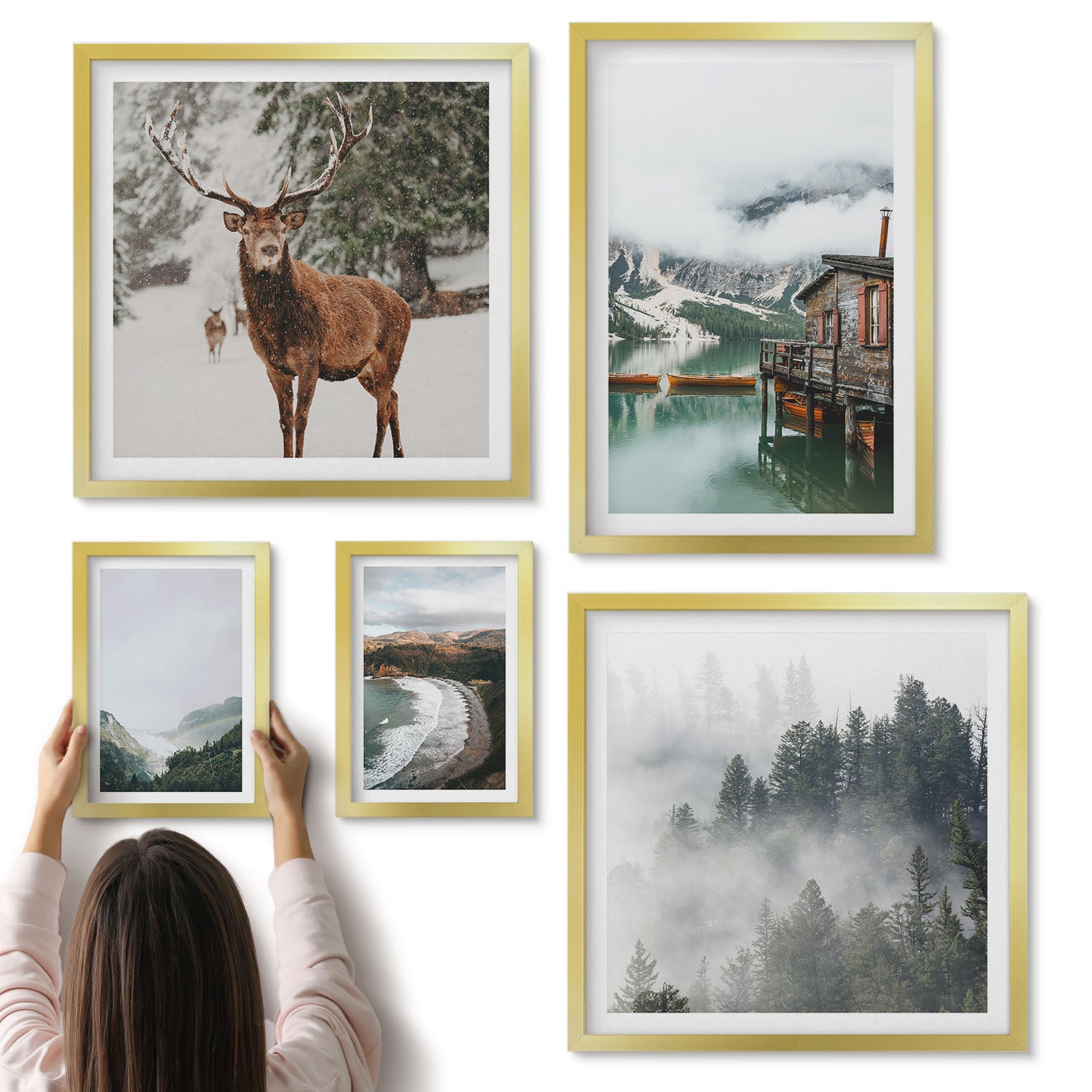 Galeria ścienna 5-częściowy komplet obrazów w złotych ramach - Naturą i dziką przyrodą w górskich pejzażach - ArtPrintCave